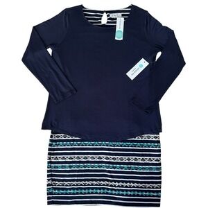 Anthropologie THML Popover Dress Petite Medium Stripe Navy Prep‎ Embroidered NWT